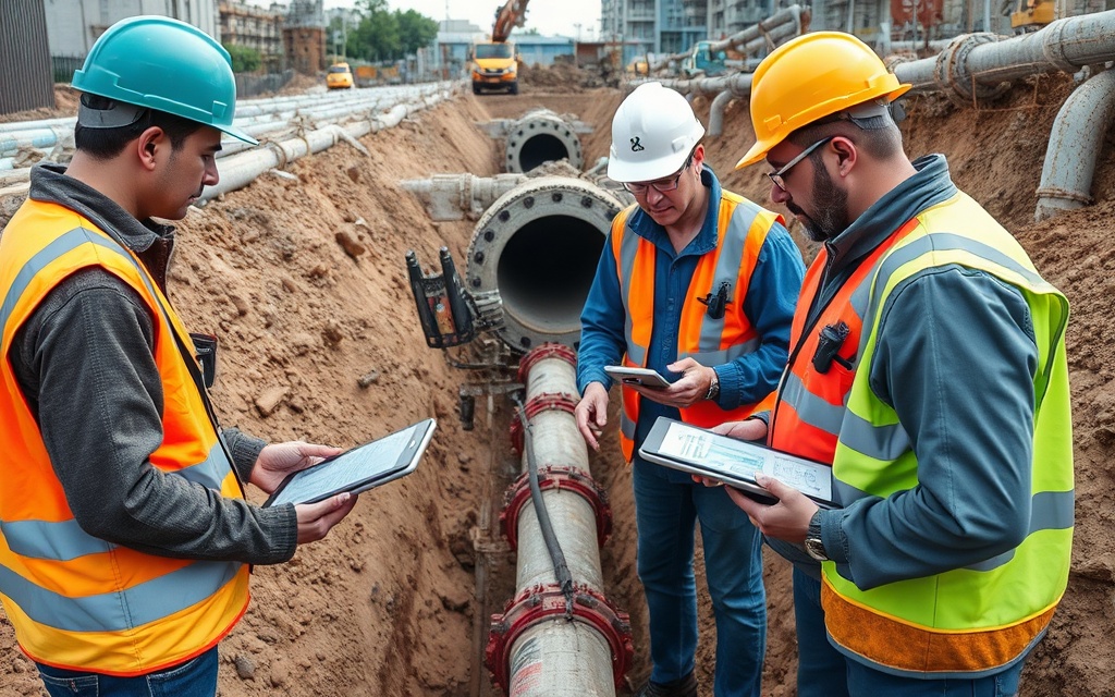 Municipal engineers and technicians conducting field assessment of water infrastructure