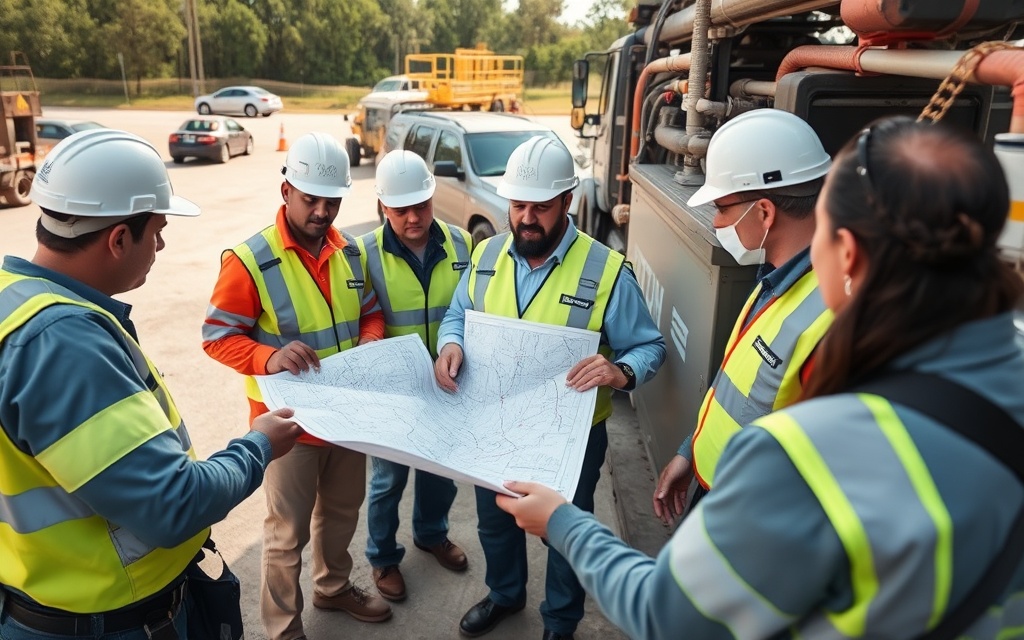 Team of municipal workers and contractors planning large-scale infrastructure deployment
