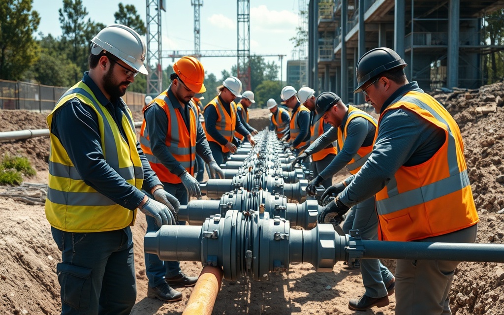 Team of professionals installing modern water infrastructure equipment