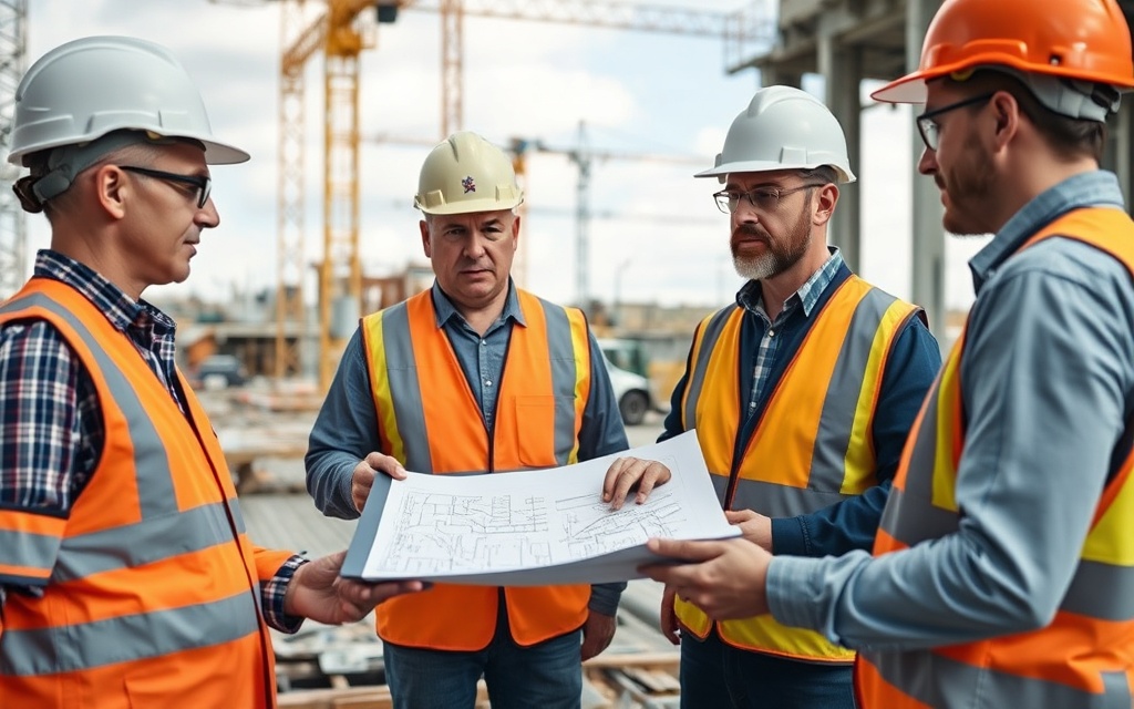 Engineers and project managers reviewing infrastructure data and blueprints at construction site
