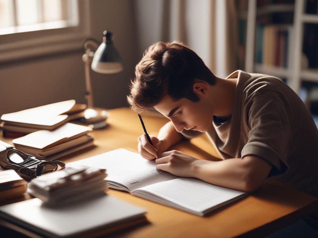 A focused student studying for exams, surrounded by study materials like books and notebooks, in a serene and well-lit study space. The student is writing notes, with a look of concentration on their face. The background should be simple and uncluttered, emphasizing the student as the main subject. The image should be captured in hyper-realistic detail, with a close-up shot using a 45mm f/1.2 lens, featuring vibrant colors that complement the primary color rgb(50, 170, 39).