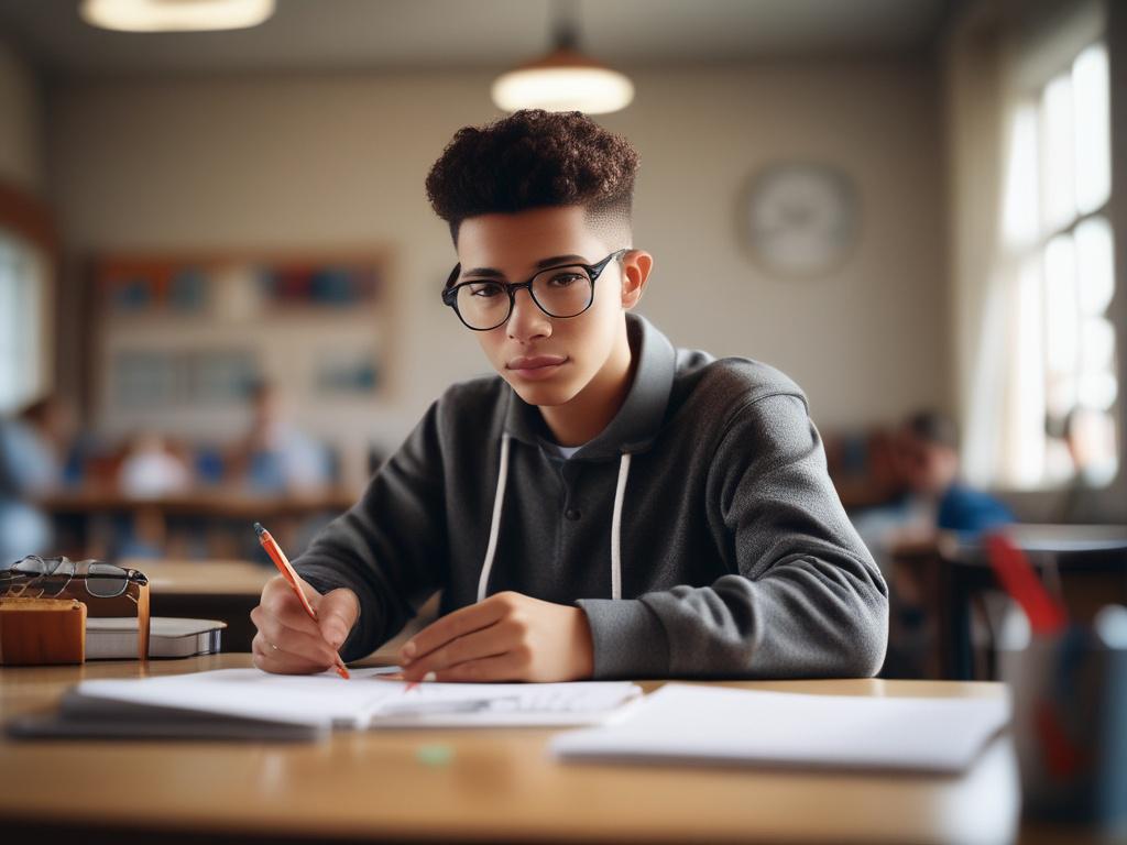 A focused student engaged in math tutoring, sitting at a desk, with a notebook and calculator, soft natural lighting, background blurred to emphasize the student.