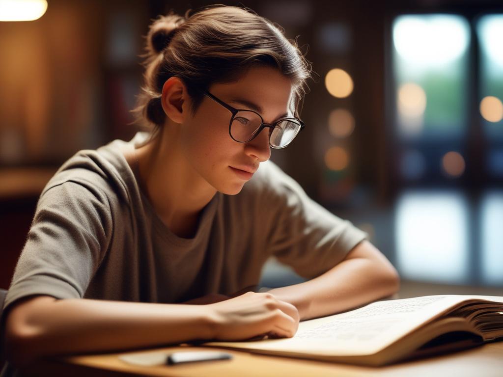 A student practicing English language skills, seated comfortably with a book and notes, warm lighting creating an inviting atmosphere, background softly blurred.