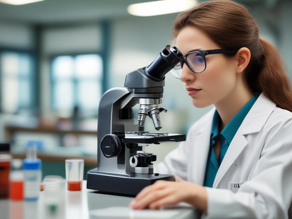 A student conducting a science experiment, focused on a microscope, surrounded by lab equipment, bright and engaging setting, background slightly blurred.