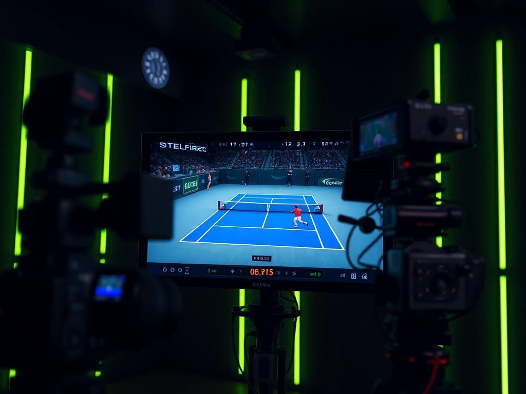 A close-up shot of a high-tech broadcasting setup featuring a large monitor displaying a tennis match in action. The background is dark with neon-lime accents, emphasizing the modern sports aesthetic. The equipment includes cameras and broadcasting tools, with a focus on the monitor that shows an exciting moment from a doubles tennis match.