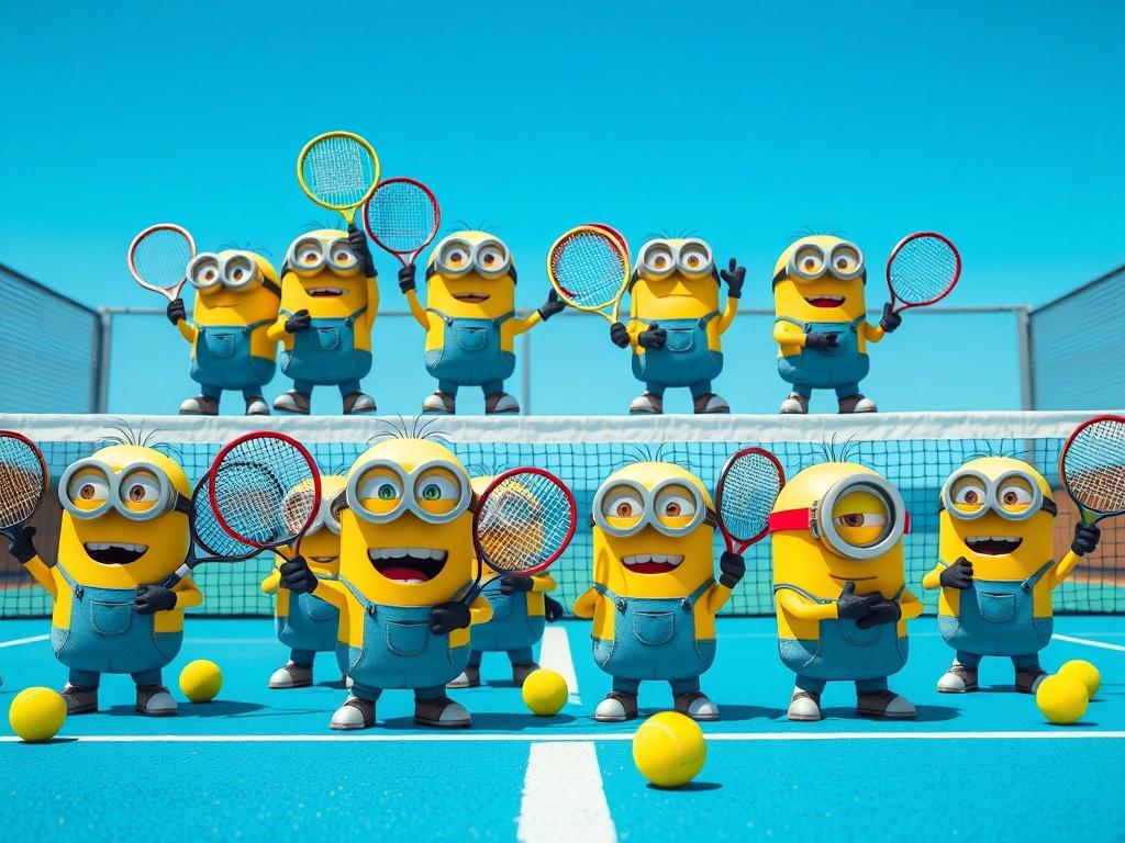 A vibrant and playful scene featuring 12 pairs of tennis-playing minions on a tennis court. Each pair consists of two minions, each dressed in colorful tennis outfits. The background shows a bright blue sky and tennis nets. The minions are in dynamic poses, holding tennis rackets, and showing expressions of excitement and determination. The court is lively, with tennis balls scattered around, and the overall atmosphere is fun and energetic.