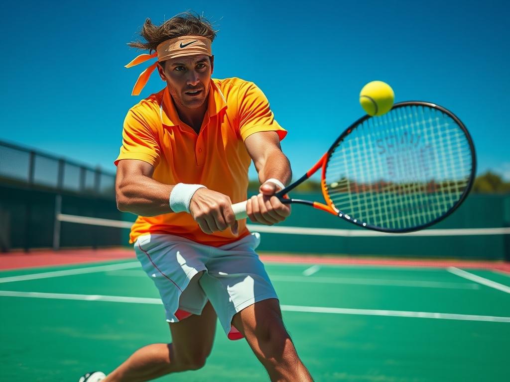 Create a realistic high-resolution photo that captures the essence of tennis doubles, titled "Die Faszination des Doppelspiels." The composition should focus on a single subject: a professional male tennis player in action, poised to hit a powerful forehand shot during an intense doubles match. His expression should convey concentration and determination. 

The player should wear a modern, bright tennis outfit that includes a polo shirt and shorts, along with tennis shoes and a headband for a dynamic sports