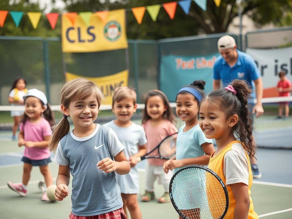 A lively scene featuring children participating in a tennis clinic,