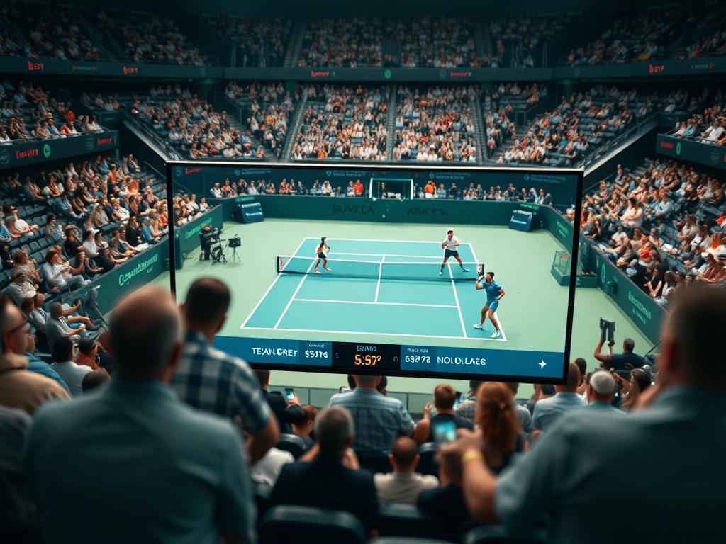 A high quality streaming interface displaying an intense tennis doubles