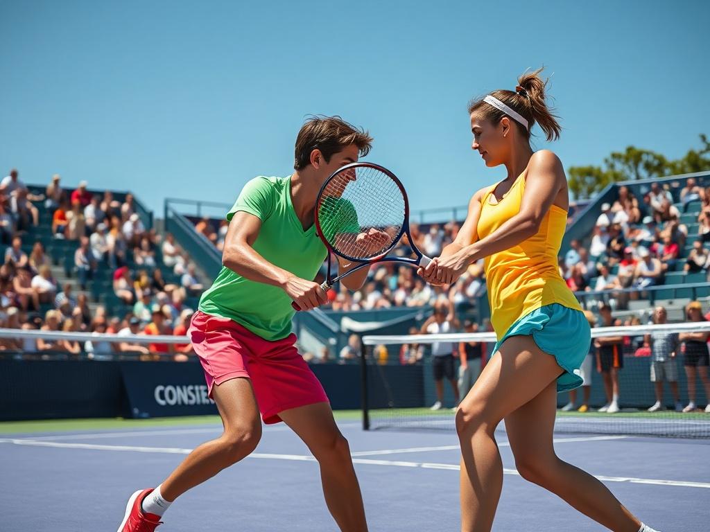 A vibrant and energetic tennis doubles match in action, with