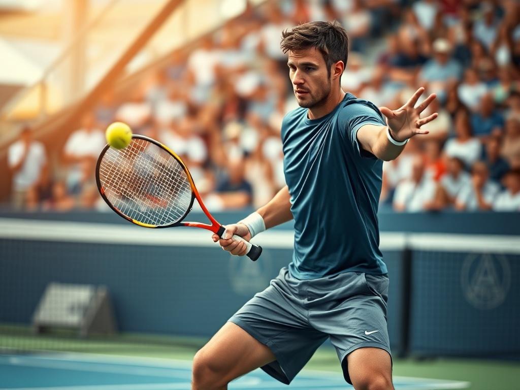 Create a realistic high-resolution photo that visually represents the theme "Das Beste aus dem Doppelturnier herausholen." The image should feature a dynamic and focused tennis player mid-action, serving during a doubles match. The player should be positioned prominently in the center of the frame, showcasing a classic serving pose with an intense expression of concentration and determination.

The player should be attired in modern tennis attire, including a moisture-wicking shirt and shorts, with a racket