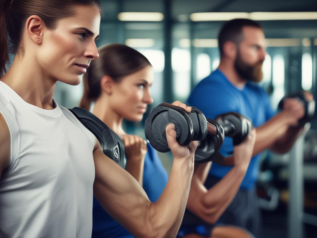 A focused shot of active patients working out with weights in a modern gym setting. The individuals, both men and women, showcase determination and strength as they lift weights. The background is softly blurred, highlighting their intense expressions and the weights they are lifting. The lighting is bright and inviting, creating an atmosphere of motivation and empowerment. The color palette aligns with rgb(162, 175, 127), enhancing the overall warmth of the image.