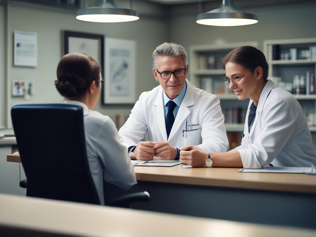 A high-resolution, hyper-realistic close-up shot of a physician consulting with a patient in a well-lit office setting. The physician, a middle-aged man in a white coat, is attentively listening to the patient, a middle-aged woman, who appears engaged and hopeful. The background features soft, neutral colors to create a calming atmosphere, while the focus remains on the interaction between the physician and the patient. The image should evoke a sense of professionalism and trust.