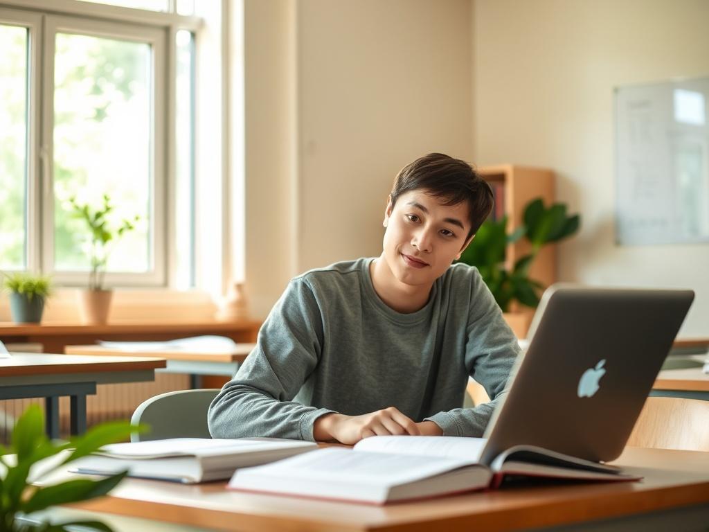 A serene educational environment featuring a single, focused individual studying