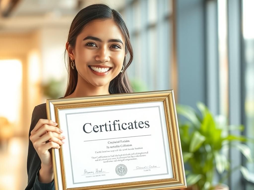 A close up of a proud individual holding a certification