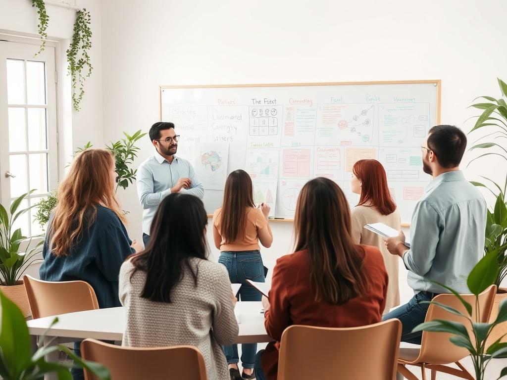 An interactive workshop setting with participants actively engaging in a