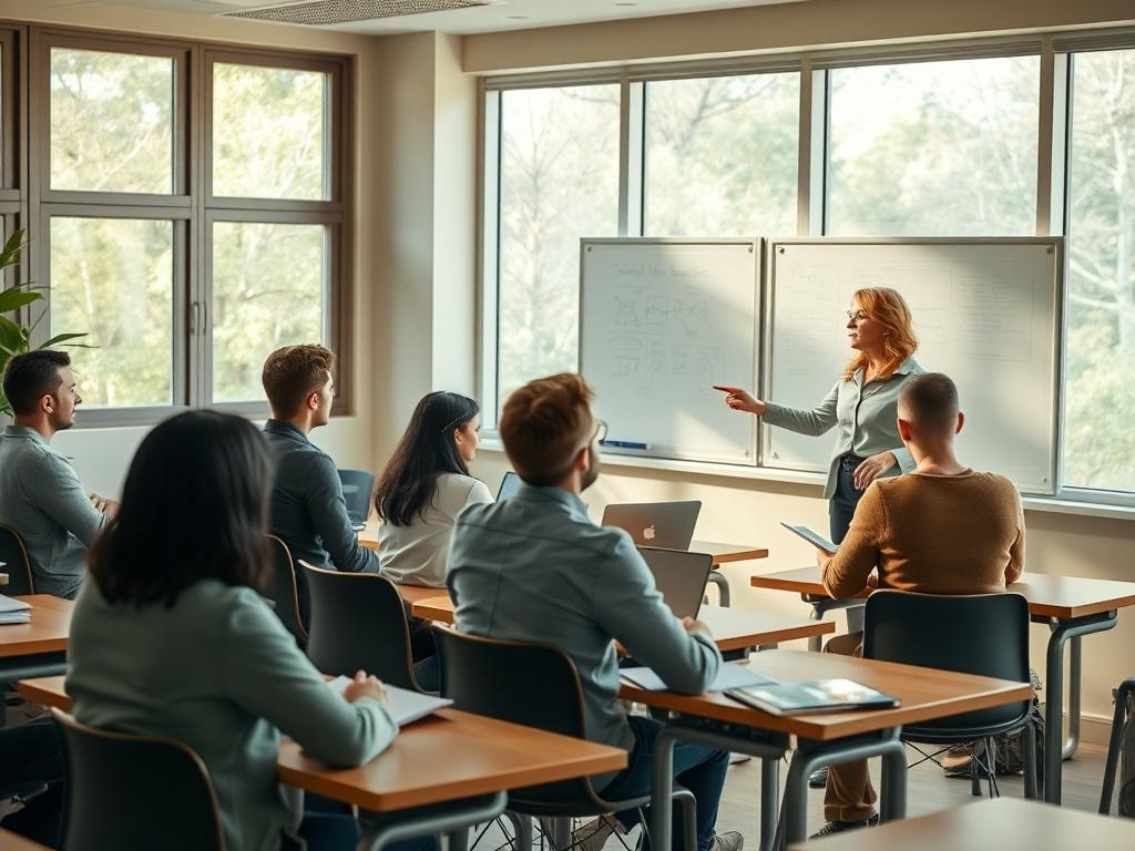 A serene classroom setting with a diverse group of engaged