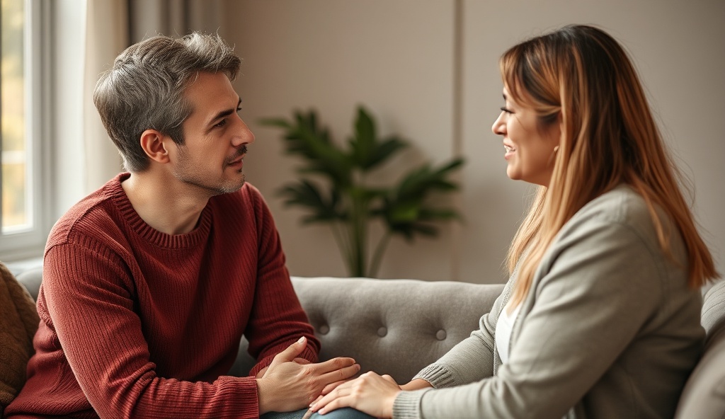 Two people in conversation having difficult topic discussion with supportive atmosphere