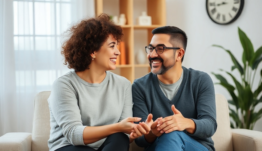 Couple discussing therapy together in supportive conversation