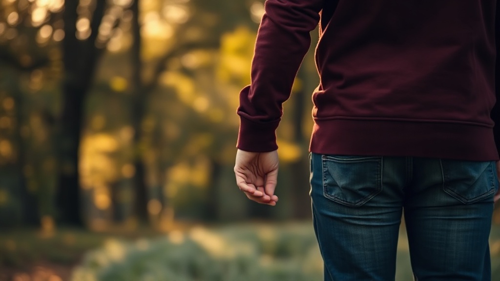 Couple holding hands in nature with warm, peaceful atmosphere