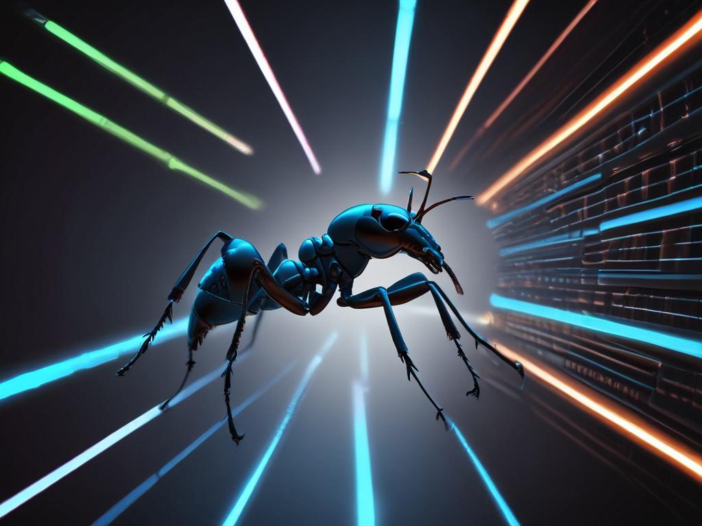A futuristic, photorealistic depiction of a neon-lit ant symbolizing AI growth, set against a sleek, minimalistic black background with bold cyan accents. The ant should appear dynamic, embodying the concept of recursive intelligence and innovation, with clean lines and vibrant colors that emphasize the essence of the Singulant concept.
