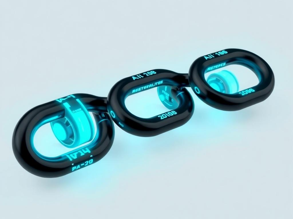 A photorealistic image showcasing a futuristic chain made of interlocking AI-themed elements, rendered in neon black and cyan. Each link symbolizes a generation of AI, with intricate details that highlight intelligence and innovation, set against a clean, sleek background.