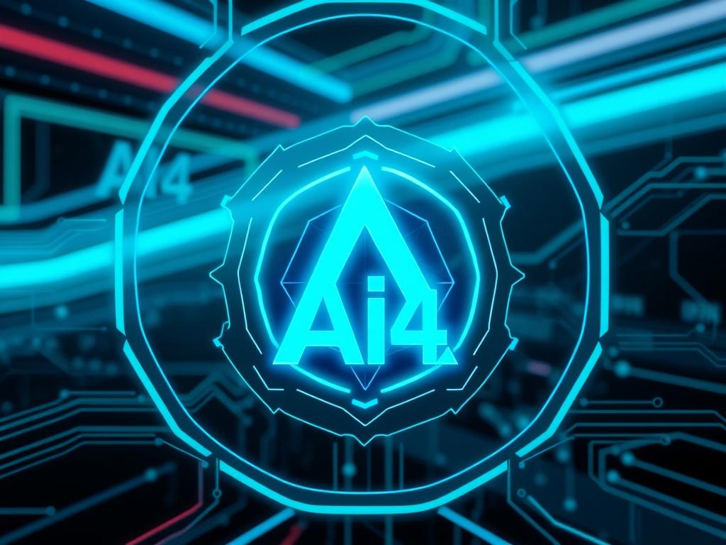 A high-resolution image of a futuristic blockchain concept featuring vibrant neon black and cyan colors. The focus should be on a stylized representation of the Solana logo intertwined with AI⁴ branding, set against a sleek, minimalistic background that emphasizes technology and innovation.