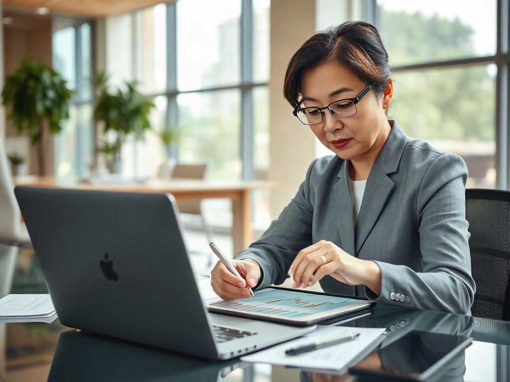 A hyper-realistic close-up shot of a business executive analyzing investment portfolios on a digital tablet. The executive, a middle-aged Asian woman, is seated at a modern conference table surrounded by financial reports and a laptop. The background features a bright, contemporary office space with large windows allowing natural light to illuminate the scene. The composition highlights the executive's focused expression and the details on the tablet screen, emphasizing the theme of strategic investment ass