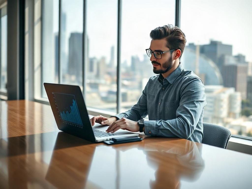 A professional advisor sitting at a modern conference table with a laptop open, analyzing data on AI and emerging technologies. The setting is bright and airy, with large windows showing a city skyline in the background. The advisor is focused on the screen, taking notes, and surrounded by charts and graphs illustrating investment strategies. The image should reflect a sense of professionalism and innovation, showcasing the advisor as a knowledgeable guide in the field of technology investments.