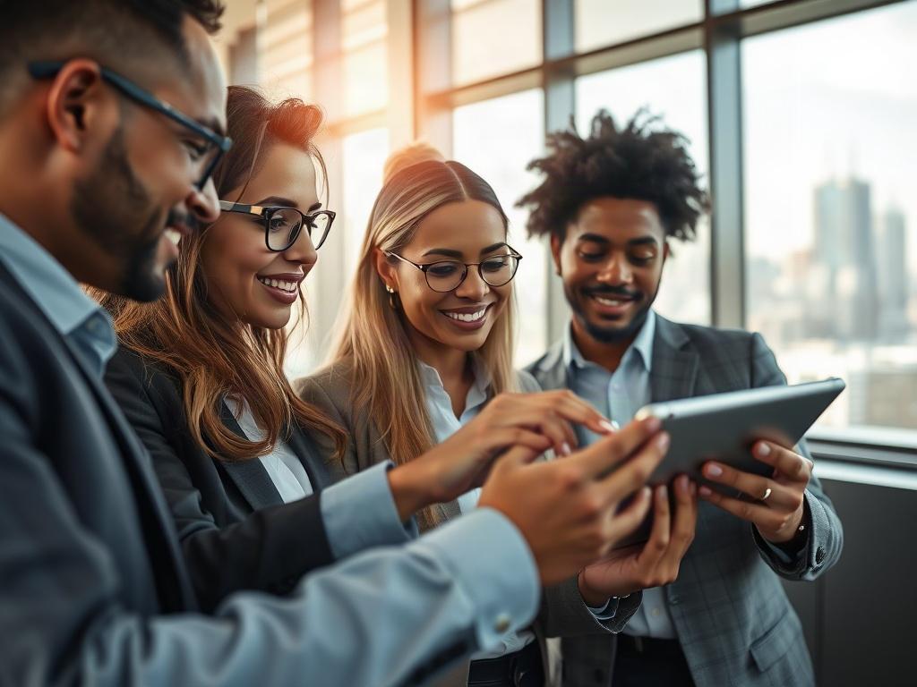 A close-up shot of a diverse group of business professionals collaborating over a digital tablet, discussing transformation strategies. The background features a modern office environment with large windows showing a city skyline. The focus is on the engaged expressions of the team members, emphasizing teamwork and strategic planning. The image should be rendered in hyper-realistic detail, capturing the essence of enterprise transformation.