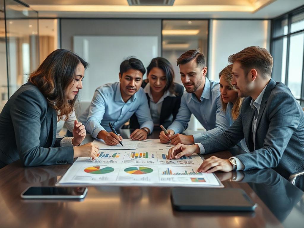 A hyper-realistic close-up shot of a professional team engaged in a strategic planning session. The focus is on a diverse group of executives, deep in discussion over a large portfolio document spread out on a conference table. The background is a modern office environment with soft lighting, showcasing a balance of technology and teamwork. The atmosphere is one of collaboration and high-level decision-making, reflecting the theme of strategy-to-execution governance.