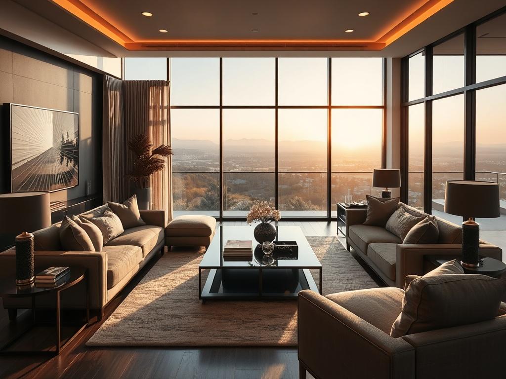 A modern, luxurious living room showcasing elegant furniture and decor,