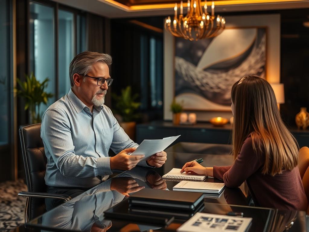 A confident mortgage expert discussing options with clients at a