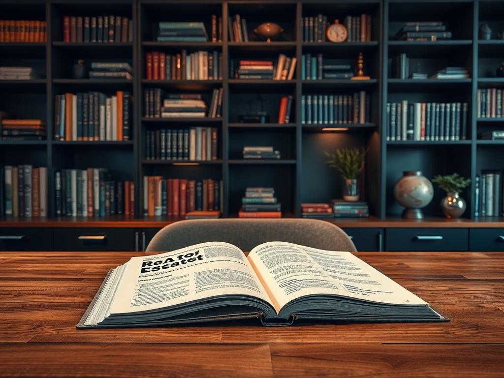 An inviting workspace featuring an open real estate investment guide