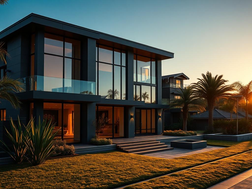 A stunning luxury home exterior featuring modern architecture, large glass