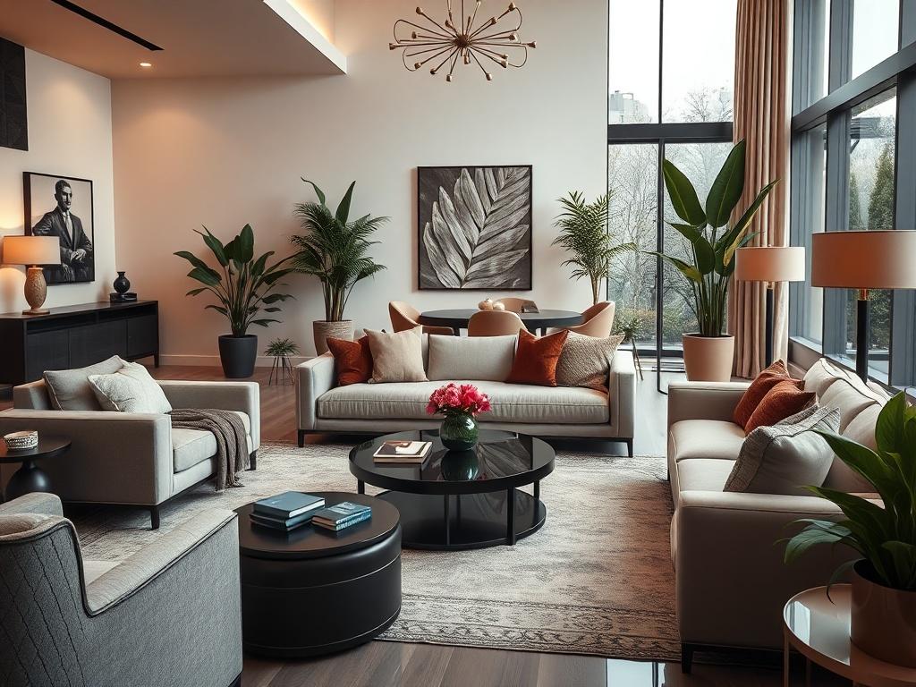 A large, elegantly staged living room showcasing a luxurious and modern design. The composition features a spacious area with a plush sofa, stylish coffee table, and tasteful decor. Soft, ambient lighting creates a warm atmosphere, while large windows allow natural light to flood the space. The background includes tasteful artwork and lush indoor plants, enhancing the sophisticated vibe. The color scheme incorporates rich tones, with accents of rgb(226, 1, 1) to tie in the branding.