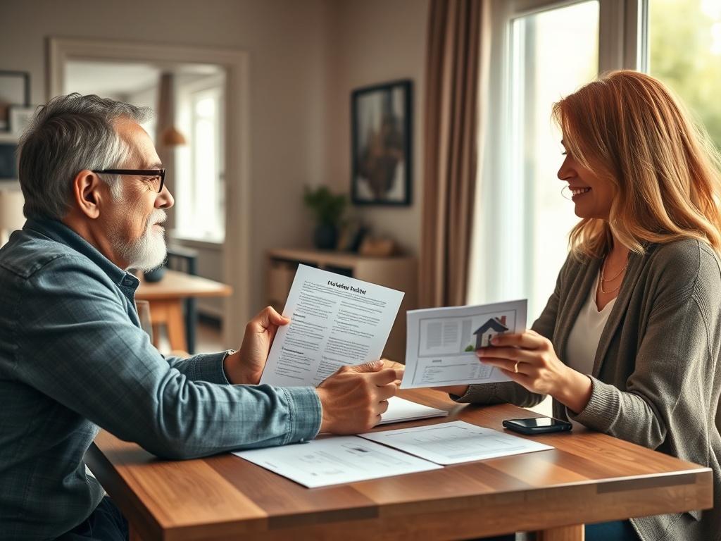 **Prompt for AI Image Generation:**

Create a realistic high-resolution image that illustrates the concept of the home selling process, focusing on a single subject: a homeowner engaged in a thoughtful discussion with a real estate agent. The homeowner should be depicted sitting at a modern dining table in a well-lit, cozy home setting, showcasing a blend of warmth and professionalism. 

The agent should be sharing documents and a digital tablet, offering visual aids that represent key steps in the selling 