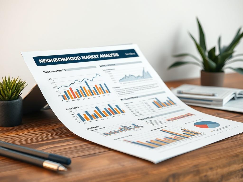 A hyper-realistic close-up shot of a detailed neighborhood market analysis report displayed on a wooden table. The report should include graphs, charts, and statistics relevant to real estate trends. The background should be simple and clean, emphasizing the professionalism of real estate analysis. The focus should be on the report, showcasing clear and insightful data. The primary color theme of the image should align with rgb(226, 1, 1).