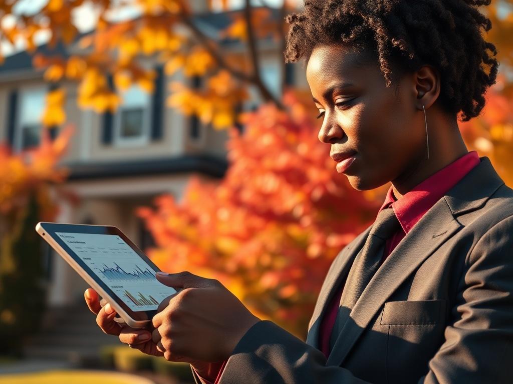**Prompt for AI Image Generator:**

Create a highly detailed, realistic high-resolution photo depicting the essence of New Jersey's Fall housing market trends. Center the image on a single subject, a diverse real estate agent thoughtfully analyzing data on a tablet. The agent should be dressed in smart, professional attire, exuding confidence and expertise. 

In the background, subtly incorporate elements that represent the vibrant fall season in New Jersey—colorful foliage with shades of red, orange, and y