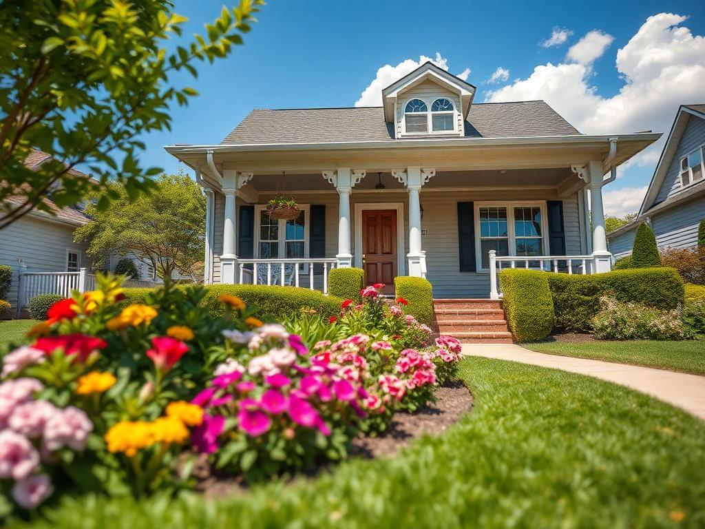 Create a highly detailed, realistic high-resolution photo that visually represents the theme "Tips to Increase Home Value Before Selling." The composition should be simple and clear, focusing on a well-maintained front yard of a beautiful suburban home. 

The subject of the image is a beautifully manicured garden featuring vibrant flowers and lush greenery, emphasizing the importance of curb appeal. Choose a sunny day as the backdrop to enhance the home's inviting atmosphere. The front porch should be visib