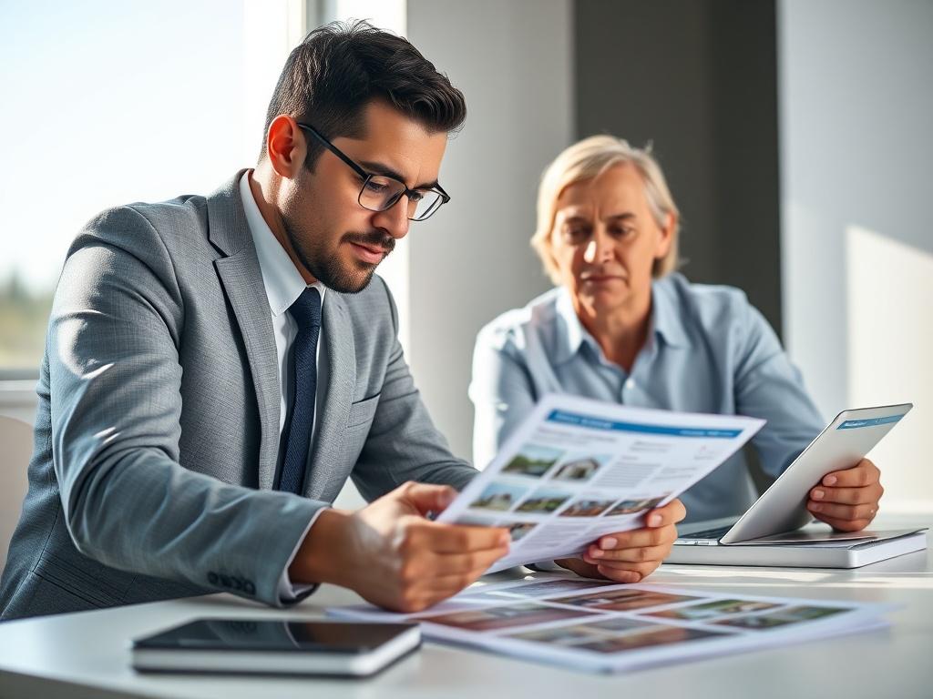 A close-up shot of a professional real estate consultant, Lawrence Majette, engaging with a client in a bright, modern office setting. The consultant is reviewing property listings on a laptop, while the client appears attentive, taking notes. The background is minimalistic with a few real estate brochures on the table and a large window showcasing a sunny day outside, emphasizing a welcoming and productive atmosphere.