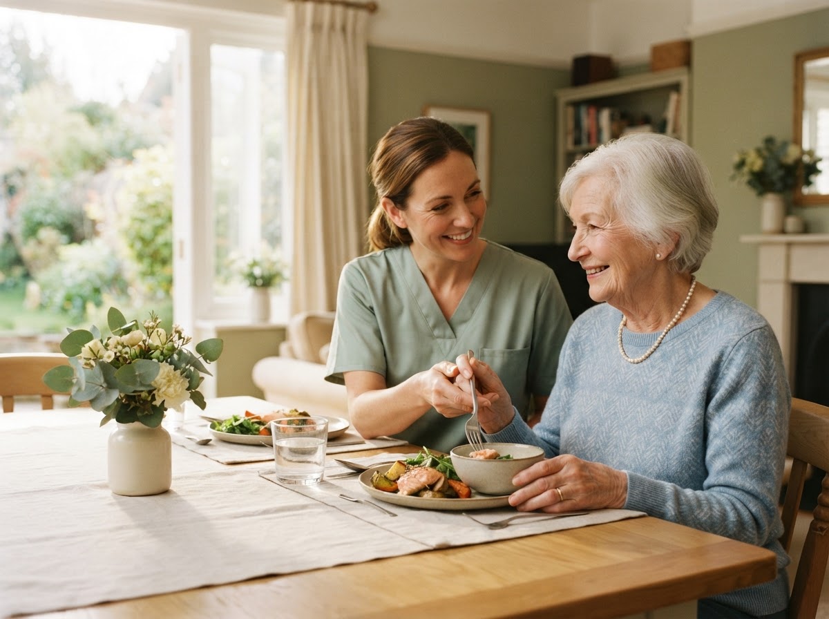 B & K Homecare caregiver helping an older adult enjoy a meal at home