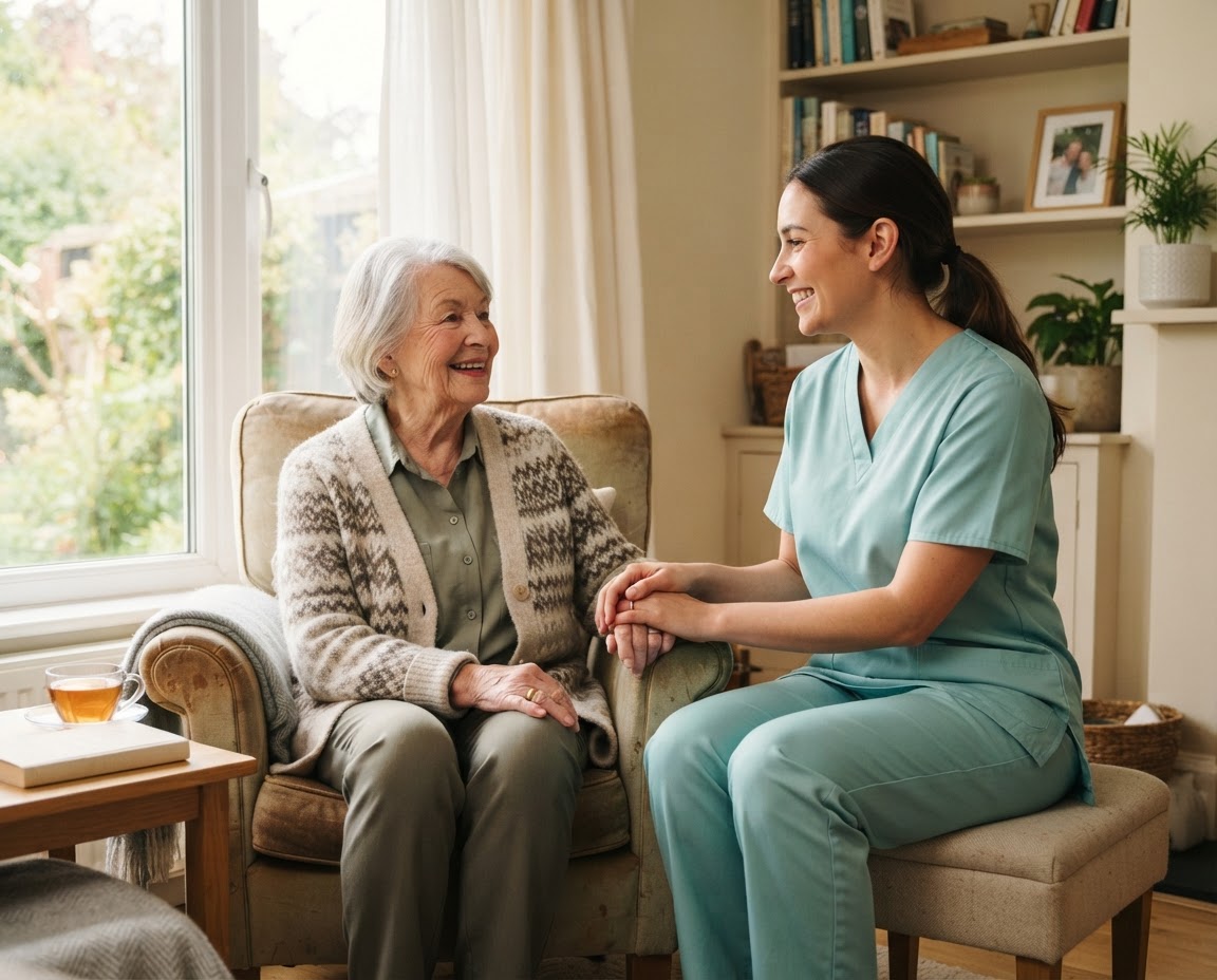 B & K Homecare caregiver sharing a warm conversation with an older adult at home