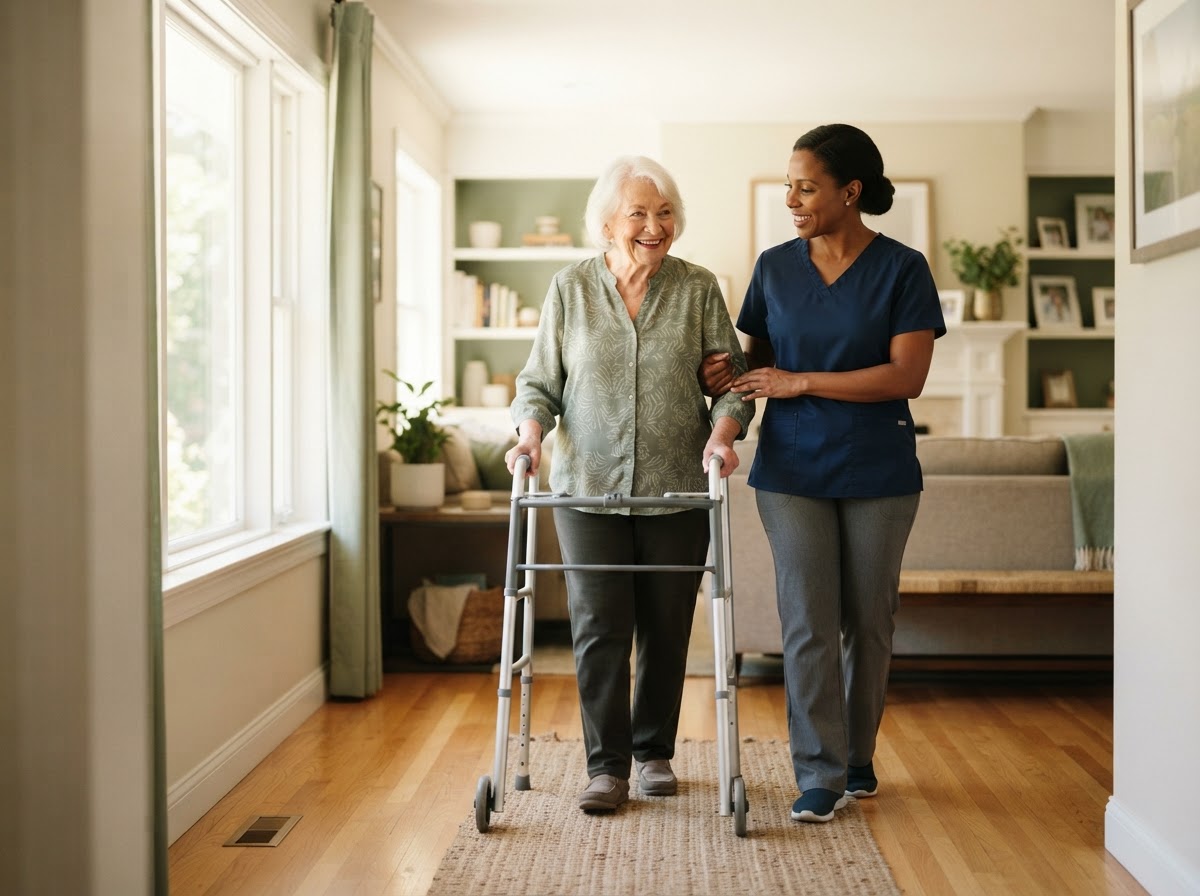 B & K Homecare caregiver supporting an older adult as they move safely at home