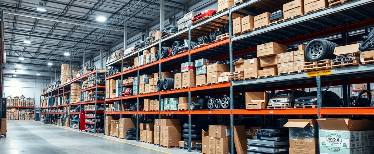 Warehouse with organized automotive parts shelving