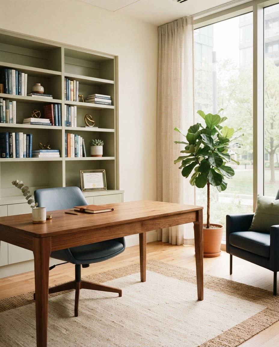 An empty professional office with a desk and bookshelves in the background
