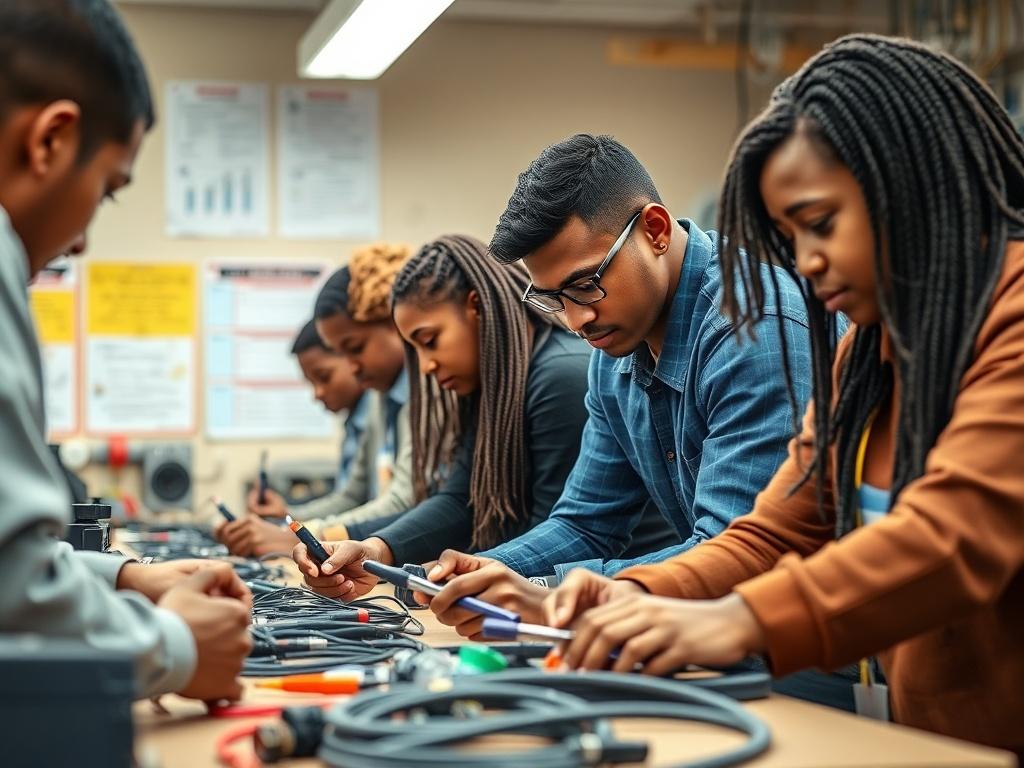 A realistic high-resolution photo of a diverse group of students engaged in hands-on electrical training in a well-lit classroom setting. The focus is on students using tools and equipment, showcasing practical learning. The background includes educational posters and electrical components, with a warm and inviting atmosphere.