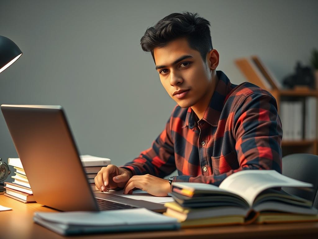 A realistic high-resolution photo of a focused individual studying for an electrician's license exam. The subject is a young Hispanic male sitting at a desk, surrounded by books and notes, with a laptop open in front of him. The background is a simple, well-lit study space, emphasizing a calm and serious environment. The photo captures the intensity of studying, with a shallow depth of field to keep the background blurred. The image should reflect a sense of determination and focus, compatible with the rgb(