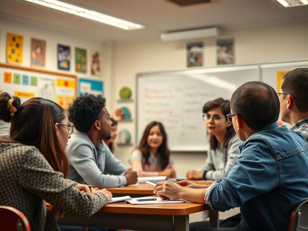 A high-resolution image of a classroom setting where students are engaged in learning English. The focus is on a teacher explaining concepts on a whiteboard, with students of diverse backgrounds actively participating. The classroom is bright and welcoming, with educational posters on the walls. The lighting is warm and inviting, showcasing a positive learning environment. The image should be shot with a 45mm f/1.2 lens for a hyper-realistic effect.