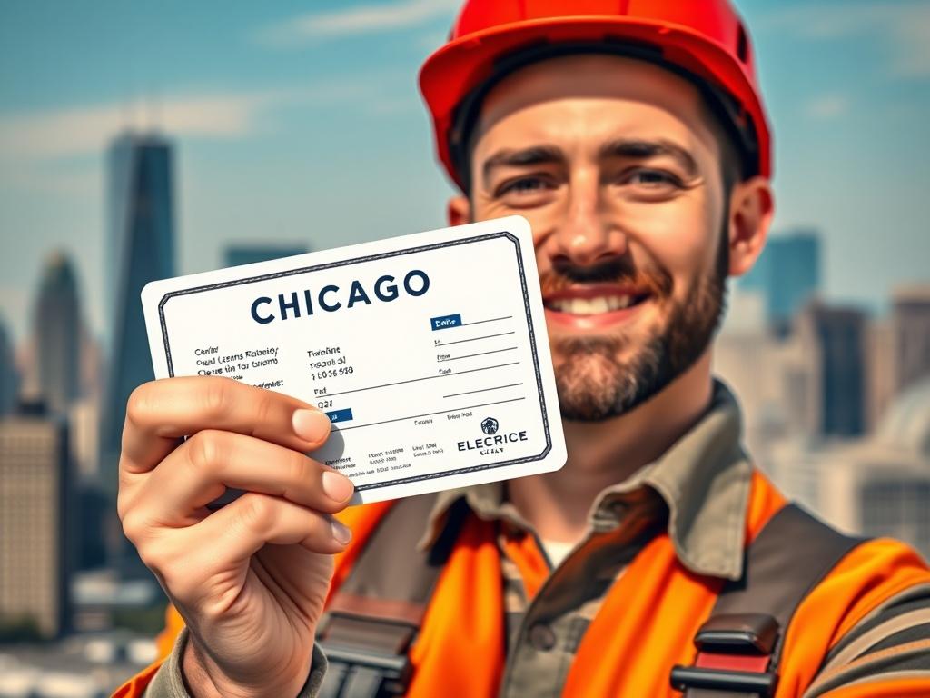 A close-up shot of a confident electrician holding a Chicago electric license with a city skyline in the background. The focus is on the license and the electrician's smiling face, showcasing pride and accomplishment. The background should be slightly blurred to emphasize the subject. The lighting is bright and inviting, capturing the essence of success and opportunity. The color palette should include vibrant tones that suggest energy and professionalism.